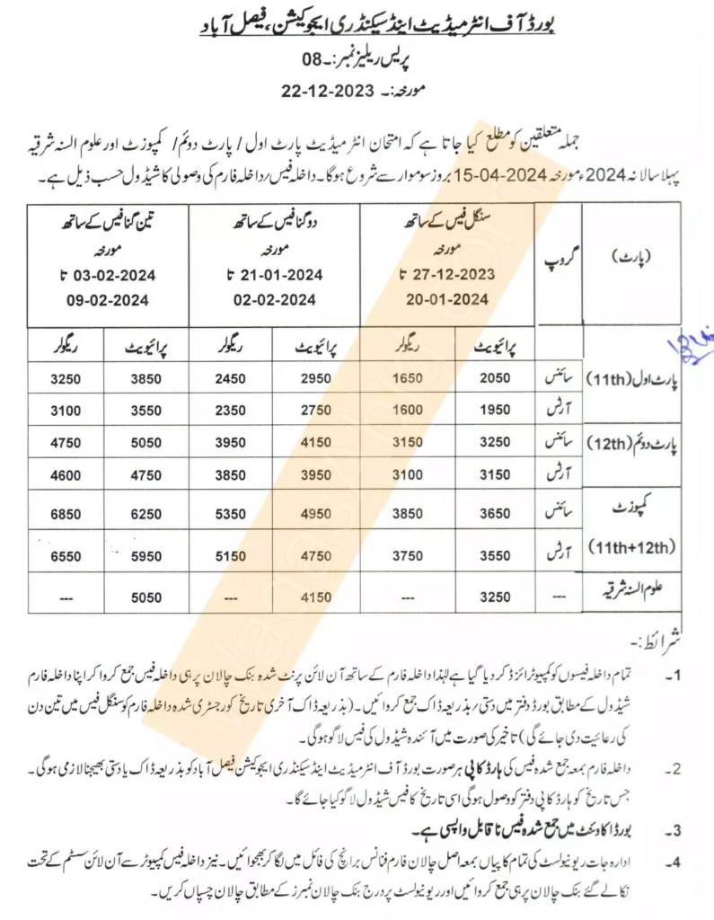 Admission Schedule For Intermediate 1St Annual Examination 2024 1