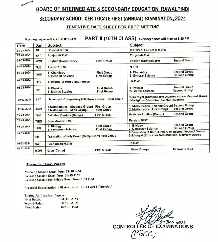 SSC (9th & 10th) Class, Matric Date Sheet 2024 Punjab Board released