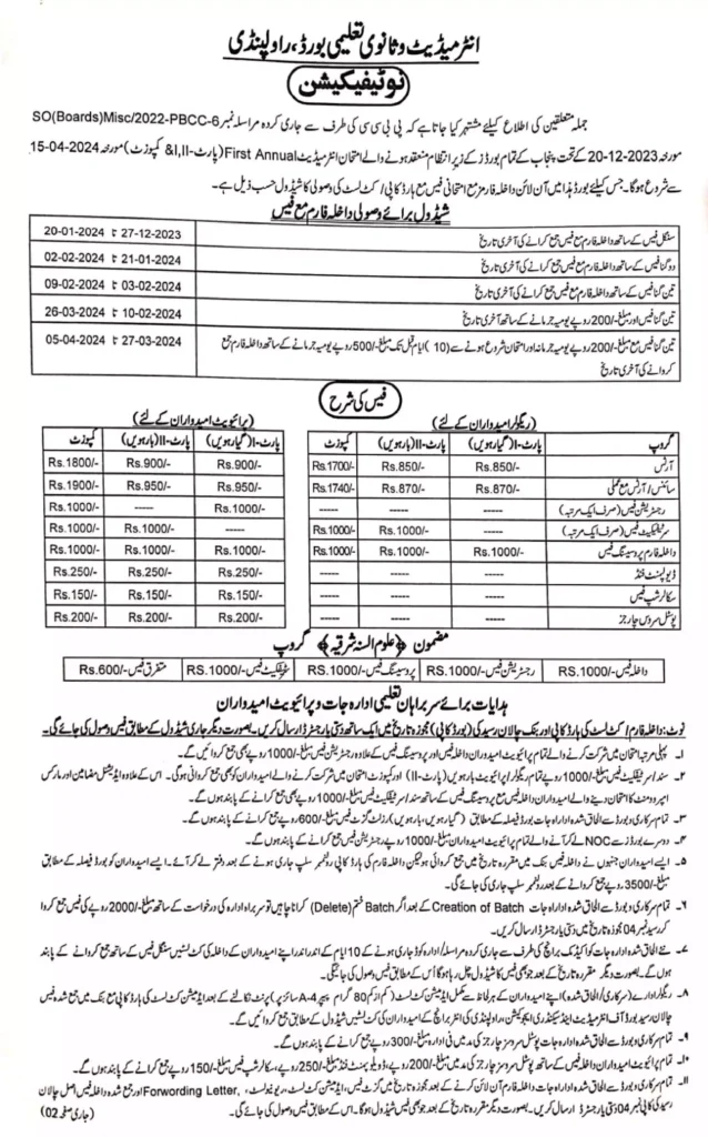 12th Class Admission Form 2024 BISE Rawalpindi Board