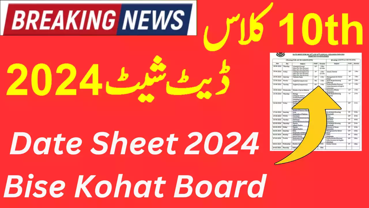 Bise Kohat Board 10Th Class Exam Date Sheet 2024