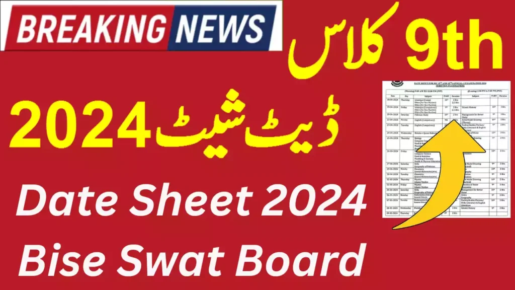 Bise Swat Board 9Th Class Exam Date Sheet 2024