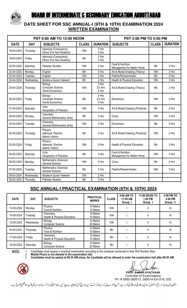 BISE Abbottabad Board 9th Class Exam Date Sheet 2024