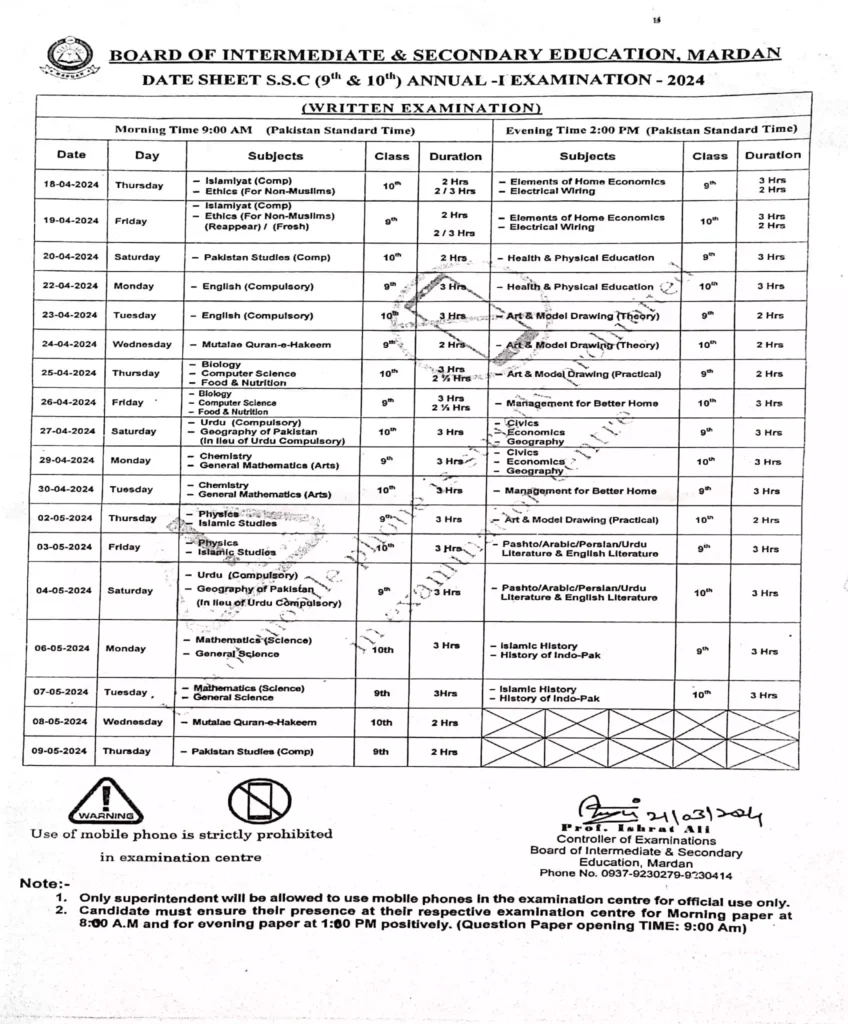 Date Sheet Mardan Board Page 1