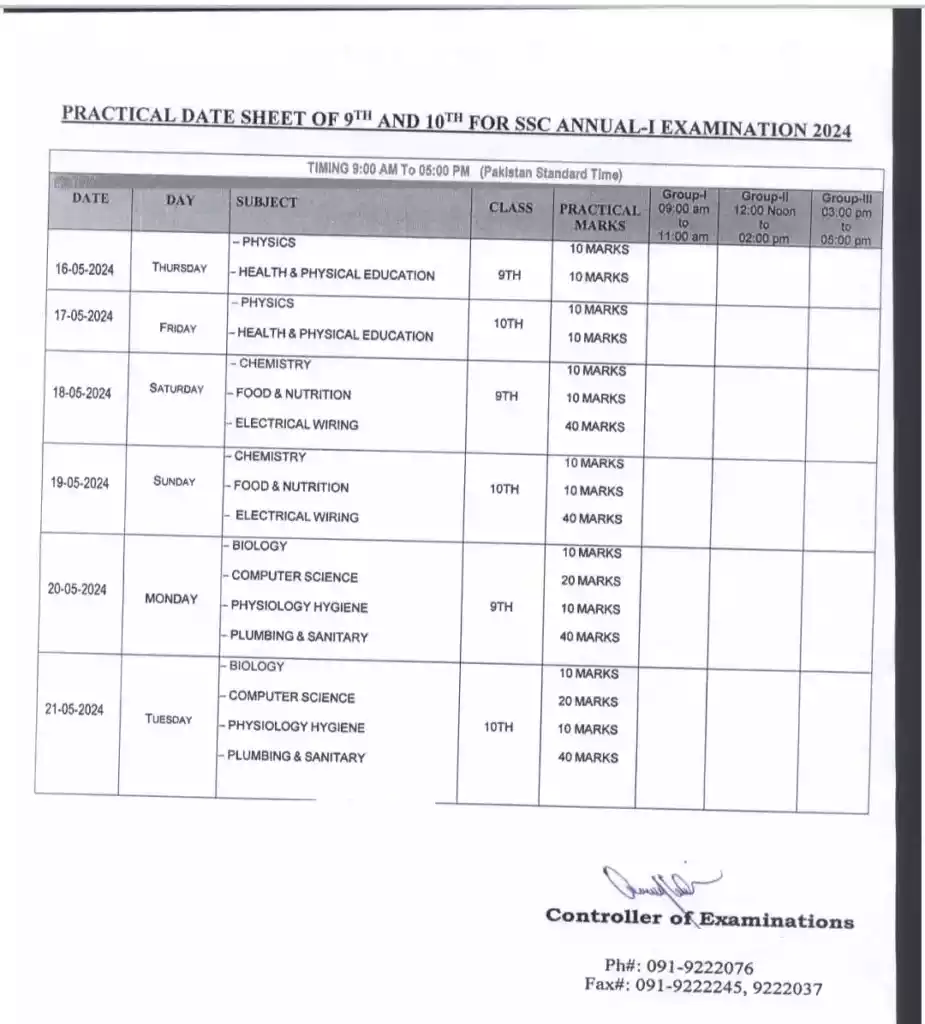 Date Sheet Peshawar Board Page 2 1 1