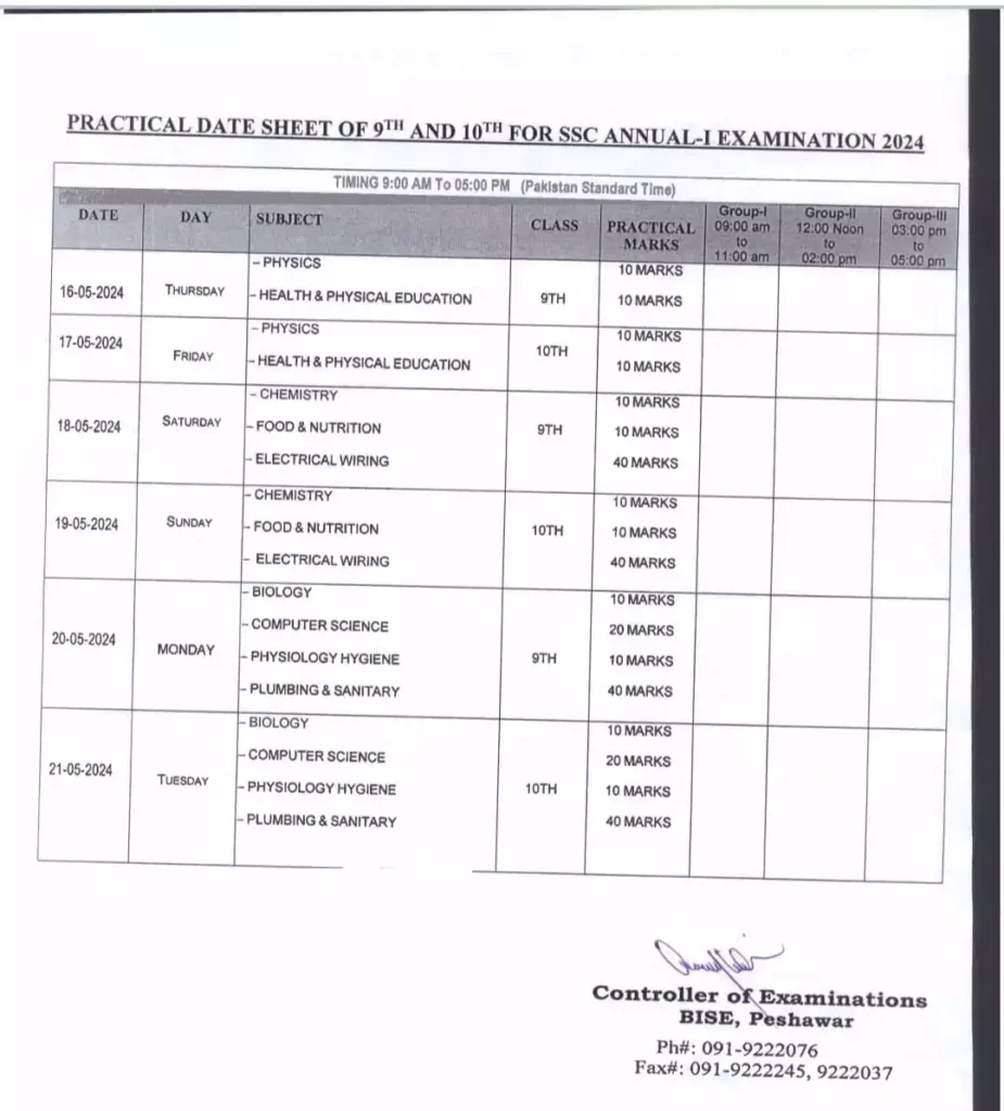 Bise Peshawar Board 9th Class Exam Date Sheet 2024