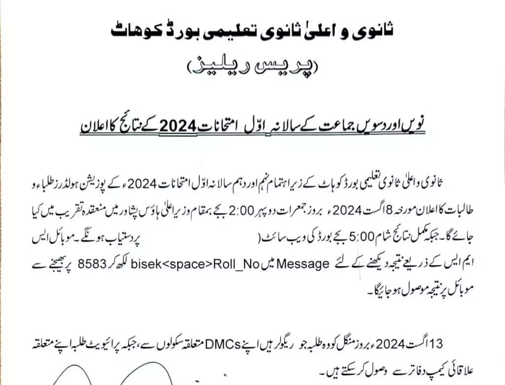 BISE Kohat Board 10th Class Result 2024