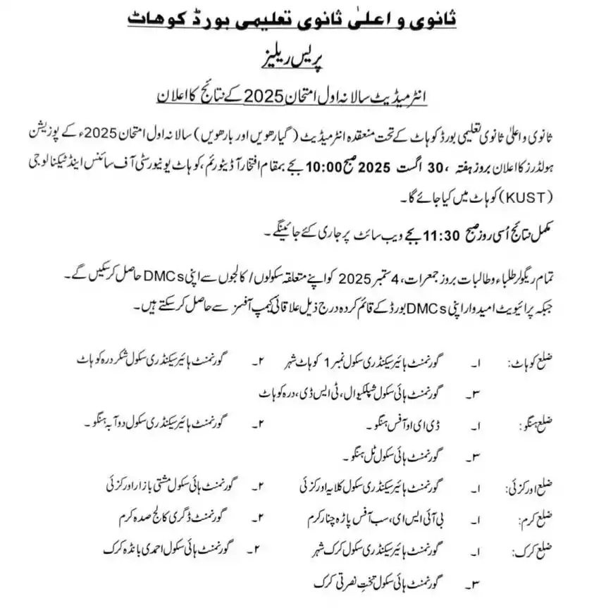 11Th Class Result 2025 Bise Kohat Board 2 11Th And 12Th Class Result 2025 Bise Kohat Board 1